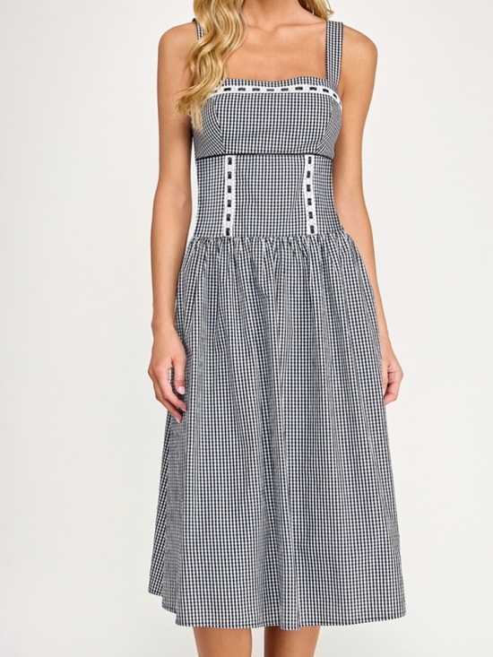 SENI & CADE Dresses & Skirts - New Seni & Cade Juniors' Gingham Ribbon Trim and Smocked Back Square Neck Dress